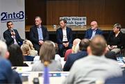 2 February 2024; James O'Callaghan, Performance Director at Irish Sailing, far left, speaking in a panel discussion, alongside, from left, John Feehan, Chief Executive of Basketball Ireland, Rob Foley, Director of Fundraising at 2into3, Dennis O'Connor, Chief Executive Officer at 2into3 and Patricia Keenan, Director of Grants at 2into3, during the Federation of Irish Sport Annual Leaders Forum 2024 at the Sport Ireland Campus Conference Centre in Dublin. Photo by Sam Barnes/Sportsfile