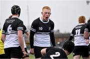 31 January 2024; Paddy Martin of Newbridge College, centre, celebrates his side's first try during the Bank of Ireland Leinster Schools Senior Cup First Round match between Newbridge College and Cistercian College Roscrea at Energia Park in Dublin. Photo by David Fitzgerald/Sportsfile