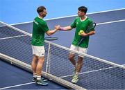 31 January 2024; Simon Carr, left, and Conor Gannon during an Ireland Tennis squad training session at the UL Sport Arena in Limerick, ahead of Ireland's Davis Cup World Group One play-off first round match with Austria.  Photo by Piaras Ó Mídheach/Sportsfile