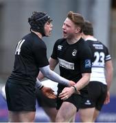 31 January 2024; Dan Punch of Cistercian College Roscrea, left,  celebrates after scoring the winning try of the game with team mate Robert Carney during the Bank of Ireland Leinster Schools Senior Cup First Round match between Newbridge College and Cistercian College Roscrea at Energia Park in Dublin. Photo by David Fitzgerald/Sportsfile