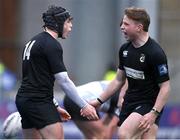 31 January 2024; Dan Punch of Cistercian College Roscrea, left,  celebrates after scoring the winning try of the game with team mate Robert Carney during the Bank of Ireland Leinster Schools Senior Cup First Round match between Newbridge College and Cistercian College Roscrea at Energia Park in Dublin. Photo by David Fitzgerald/Sportsfile