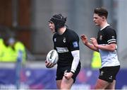31 January 2024; Dan Punch of Cistercian College Roscrea celebrates after scoring the winning try of the game during the Bank of Ireland Leinster Schools Senior Cup First Round match between Newbridge College and Cistercian College Roscrea at Energia Park in Dublin. Photo by David Fitzgerald/Sportsfile