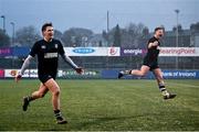 31 January 2024; Robert Carney, right, and Jack Deegan of Cistercian College Roscrea celebrate after the Bank of Ireland Leinster Schools Senior Cup First Round match between Newbridge College and Cistercian College Roscrea at Energia Park in Dublin. Photo by David Fitzgerald/Sportsfile