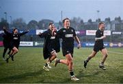 31 January 2024; Cistercian College Roscrea players celebrate after the Bank of Ireland Leinster Schools Senior Cup First Round match between Newbridge College and Cistercian College Roscrea at Energia Park in Dublin. Photo by David Fitzgerald/Sportsfile