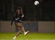 31 January 2024; Teni Onigbode of Metro kicks a conversion during the BearingPoint Sarah Robinson Cup round four match between North East and Metro at Skerries RFC in Skerries, Dublin. Photo by Sam Barnes/Sportsfile
