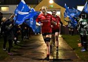 31 January 2024; Alex Connor of North East leads out her team before the BearingPoint Sarah Robinson Cup round four match between North East and Metro at Skerries RFC in Skerries, Dublin. Photo by Sam Barnes/Sportsfile
