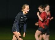 31 January 2024; Giselle O'Donoghue of Metro celebrates after her team scored a fourth try during the BearingPoint Sarah Robinson Cup round four match between North East and Metro at Skerries RFC in Skerries, Dublin. Photo by Sam Barnes/Sportsfile