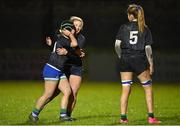 31 January 2024; Tuathia Dempsey of Metro, left, celebrates with team-mates Grace Munro and Roisin Ridge after scoring their side's fifth try during the BearingPoint Sarah Robinson Cup round four match between North East and Metro at Skerries RFC in Skerries, Dublin. Photo by Sam Barnes/Sportsfile