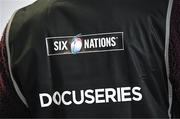 1 February 2024; A Six Nations Docuseries bib is seen during an Ireland Rugby media conference at the Stade Velodrome in Marseille, France. Photo by Harry Murphy/Sportsfile