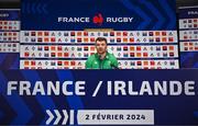1 February 2024; Ireland captain Peter O’Mahony speaks during an Ireland Rugby media conference at the Stade Velodrome in Marseille, France. Photo by Harry Murphy/Sportsfile