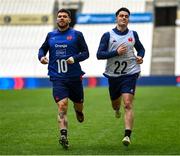 1 February 2024; Matthieu Jalibert and Nolann Le Garrec during a France Rugby captain's run at the Stade Velodrome in Marseille, France. Photo by Harry Murphy/Sportsfile