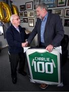 1 February 2024; FAI president Paul Cooke presents a specially commissioned Republic of Ireland jersey to former kit man, referee and legislator, Charlie O'Leary on the occasion of his 100th birthday. Photo by Ray McManus/Sportsfile