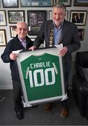 1 February 2024; FAI president Paul Cooke presents a specially commissioned Republic of Ireland jersey to former kit man, referee and legislator, Charlie O'Leary on the occasion of his 100th birthday. Photo by Ray McManus/Sportsfile