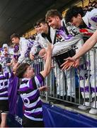 1 February 2024; Paddy Curry of Terenure College celebrates with supporters after the Bank of Ireland Leinster Schools Senior Cup First Round match between Kilkenny College and Terenure College at Energia Park in Dublin. Photo by Ben McShane/Sportsfile