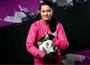 1 February 2024; Goalkeeper Eve Badana poses for a portrait during a DLR Waves squad portraits session at Beckett Park in Cherrywood, Dublin. Photo by Stephen McCarthy/Sportsfile