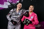 1 February 2024; Goalkeepers Rugile Auskalnyte, left, and Eve Badana poses for a portrait during a DLR Waves squad portraits session at Beckett Park in Cherrywood, Dublin. Photo by Stephen McCarthy/Sportsfile