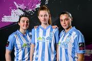 1 February 2024; Players, from left, Ruth McDonnell, Robyn Bolger and Eve O'Brien pose for a portrait during a DLR Waves squad portraits session at Beckett Park in Cherrywood, Dublin. Photo by Stephen McCarthy/Sportsfile