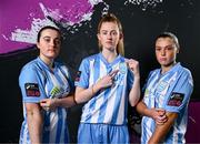 1 February 2024; Players, from left, Ruth McDonnell, Robyn Bolger and Eve O'Brien pose for a portrait during a DLR Waves squad portraits session at Beckett Park in Cherrywood, Dublin. Photo by Stephen McCarthy/Sportsfile