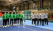 2 February 2024; The Ireland team, from left, Conor Gannon, David O'Hare, Osgar Ó hOisín, Simon Carr, Michael Agwi and captain Conor Niland and the Austria team, from left, playing captain Jurgen Melzer, Sebastian Ofner, Dominic Thiem, Lucas Miedler and Alexander Erler after the Davis Cup World Group I Play-off 1st Round draw ceremony ahead of the match between Ireland and Austria at the UL Sport Arena in Limerick. Photo by Brendan Moran/Sportsfile