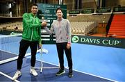 2 February 2024; Michael Agwi of Ireland, left, and Dominic Thiem of Austria after the Davis Cup World Group I Play-off 1st Round draw ceremony ahead of the match between Ireland and Austria at the UL Sport Arena in Limerick. Photo by Brendan Moran/Sportsfile