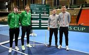 2 February 2024; Conor Gannon and David O'Hare of Ireland, left, with Lucas Miedler and Alexander Erler of Austria during the Davis Cup World Group I Play-off 1st Round draw ceremony ahead of the match between Ireland and Austria at the UL Sport Arena in Limerick. Photo by Brendan Moran/Sportsfile