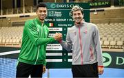 2 February 2024; Michael Agwi of Ireland, left, and Sebastian Ofner of Austria after the Davis Cup World Group I Play-off 1st Round draw ceremony ahead of the match between Ireland and Austria at the UL Sport Arena in Limerick. Photo by Brendan Moran/Sportsfile