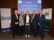 2 February 2024; Speakers, from left, James Lavelle, Department of  Tourism, Culture, Arts, Gaeltacht, Sport and Media, Clare McGrath, Federation of Irish Sport Chairperson, Mary O'Connor, Chief Executive Officer at Federation of Irish Sport, Tim Duggan, Assistant Secretary General at Department for Social Protection, and Dennis O'Connor, Chief Executive Officer at 2into3, in attendance ahead of the Federation of Irish Sport Annual Leaders Forum 2024 at the Sport Ireland Campus Conference Centre in Dublin. Photo by Sam Barnes/Sportsfile