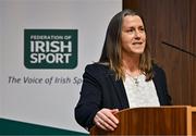 2 February 2024; Mary O'Connor, Chief Executive Officer at Federation of Irish Sport, addresses the audience during the Federation of Irish Sport Annual Leaders Forum 2024 at the Sport Ireland Campus Conference Centre in Dublin. Photo by Sam Barnes/Sportsfile