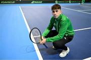 2 February 2024; Conor Gannon poses for a portrait before an Ireland Tennis squad training session at the UL Sport Arena in Limerick, ahead of Ireland's Davis Cup World Group One play-off first round match with Austria. Photo by Brendan Moran/Sportsfile