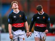 2 February 2024; James Cox of The High School reacts after his side's defeat in the Bank of Ireland Leinster Schools Senior Cup First Round match between The High School and Blackrock College at Ollie Campbell Park in Dublin. Photo by Tyler Miller/Sportsfile