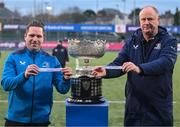 2 February 2024; Leinster provincial talent coach Adam Griggs, left, and Leinster head of rugby development Philip Lawlow draw Blackrock College and Cistercian College Roscrea from the pot during the Bank of Ireland Leinster Schools Senior Cup Second Round Draw at Energia Park in Dublin. Photo by Daire Brennan/Sportsfile