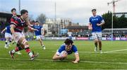 2 February 2024; Jack Halpin of St Mary’s College scores his side's third try during the Bank of Ireland Leinster Schools Senior Cup First Round match between St Mary's College and Wesley College at Energia Park in Dublin. Photo by Dáire Brennan/Sportsfile