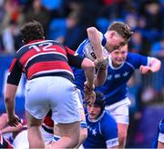 2 February 2024; Seán Thornton of St Mary’s College is tackled by Ferdia Spain of Wesley College during the Bank of Ireland Leinster Schools Senior Cup First Round match between St Mary's College and Wesley College at Energia Park in Dublin. Photo by Dáire Brennan/Sportsfile