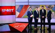 2 February 2024; Host Joe Molloy, left, with analysts, from left, Andrew Trimble, Shane Horgan and Rob Kearney before Virgin Media Television's live coverage of France and Ireland in the Guinness Six Nations Rugby Championship from Virgin Media Television Studios in Ballymount, Dublin.  Photo by Piaras Ó Mídheach/Sportsfile