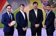 2 February 2024; Host Joe Molloy, left, with analysts, from left, Andrew Trimble, Shane Horgan and Rob Kearney before Virgin Media Television's live coverage of France and Ireland in the Guinness Six Nations Rugby Championship from Virgin Media Television Studios in Ballymount, Dublin.  Photo by Piaras Ó Mídheach/Sportsfile