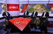 2 February 2024; Host Joe Molloy, left, with analysts, from left, Rob Kearney, Andrew Trimble and Shane Horgan before Virgin Media Television's live coverage of France and Ireland in the Guinness Six Nations Rugby Championship from Virgin Media Television Studios in Ballymount, Dublin.  Photo by Piaras Ó Mídheach/Sportsfile