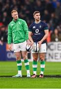 2 February 2024; Jack Crowley, right, and Ireland Ciarán Frawley of Ireland warm-up before the Guinness Six Nations Rugby Championship match between France and Ireland at the Stade Velodrome in Marseille, France. Photo by Harry Murphy/Sportsfile