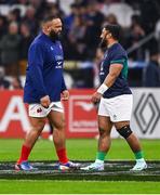 2 February 2024; Uini Atonio of France speaks to Bundee Aki of Ireland before the Guinness Six Nations Rugby Championship match between France and Ireland at the Stade Velodrome in Marseille, France. Photo by Harry Murphy/Sportsfile