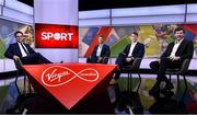 2 February 2024; Host Joe Molloy, left, with analysts, from left, Rob Kearney, Andrew Trimble and Shane Horgan before Virgin Media Television's live coverage of France and Ireland in the Guinness Six Nations Rugby Championship from Virgin Media Television Studios in Ballymount, Dublin. Photo by Piaras Ó Mídheach/Sportsfile