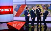 2 February 2024; Host Joe Molloy, left, with analysts, from left, Andrew Trimble, Shane Horgan and Rob Kearney before Virgin Media Television's live coverage of France and Ireland in the Guinness Six Nations Rugby Championship from Virgin Media Television Studios in Ballymount, Dublin. Photo by Piaras Ó Mídheach/Sportsfile