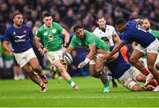 2 February 2024; Bundee Aki of Ireland is tackled by Gregory Alldritt of France during the Guinness Six Nations Rugby Championship match between France and Ireland at the Stade Velodrome in Marseille, France. Photo by Ramsey Cardy/Sportsfile