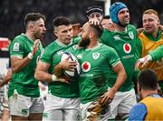 2 February 2024; Jamison Gibson-Park of Ireland, centre, celebrates with team-mate Calvin Nash, second from left, after scoring his side's first try during the Guinness Six Nations Rugby Championship match between France and Ireland at the Stade Velodrome in Marseille, France. Photo by Harry Murphy/Sportsfile
