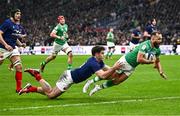 2 February 2024; Jamison Gibson-Park of Ireland dives over to score his side's first try during the Guinness Six Nations Rugby Championship match between France and Ireland at the Stade Velodrome in Marseille, France. Photo by Harry Murphy/Sportsfile