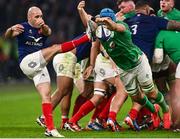 2 February 2024; Maxime Lucu of France has a kick blocked by Tadhg Beirne of Ireland during the Guinness Six Nations Rugby Championship match between France and Ireland at the Stade Velodrome in Marseille, France. Photo by Harry Murphy/Sportsfile