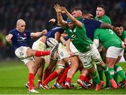 2 February 2024; Maxime Lucu of France has a kick blocked by Tadhg Beirne of Ireland during the Guinness Six Nations Rugby Championship match between France and Ireland at the Stade Velodrome in Marseille, France. Photo by Harry Murphy/Sportsfile