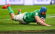 2 February 2024; Tadhg Beirne of Ireland dives over to score his side's second try during the Guinness Six Nations Rugby Championship match between France and Ireland at the Stade Velodrome in Marseille, France. Photo by Harry Murphy/Sportsfile