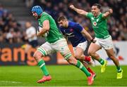 2 February 2024; Tadhg Beirne of Ireland on his way to scoring his side's second try during the Guinness Six Nations Rugby Championship match between France and Ireland at the Stade Velodrome in Marseille, France. Photo by Ramsey Cardy/Sportsfile
