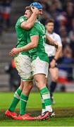 2 February 2024; Tadhg Beirne of Ireland, left, celebrates with team-mate Jack Crowley after scoring his side's second try during the Guinness Six Nations Rugby Championship match between France and Ireland at the Stade Velodrome in Marseille, France. Photo by Ramsey Cardy/Sportsfile