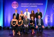 2 February 2024; Uachtarán Chumann Lúthchleas Gael Larry McCarthy presents Cahalanes’ of Cork, Castlehaven, Éire Óg & St Finbarrs GAA Clubs, with the Dermot Earley Family award during the Gradaim an Uachtaráin at Croke Park in Dublin. Photo by Stephen McCarthy/Sportsfile