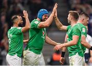 2 February 2024; Tadhg Beirne of Ireland, centre, celebrates with team-mates Jamison Gibson-Park, left, and Jack Crowley after scoring his side's second try during the Guinness Six Nations Rugby Championship match between France and Ireland at the Stade Velodrome in Marseille, France. Photo by Ramsey Cardy/Sportsfile